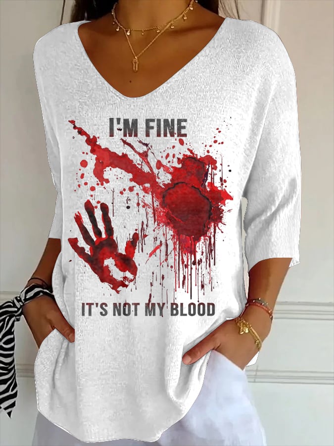 Women's blood-printed pit strip fabric casual V-neck T-shirt  de4e