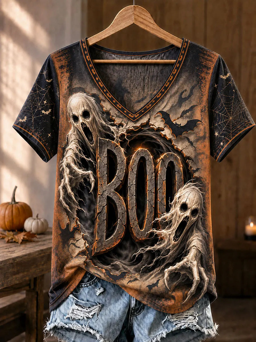 Dark Ghost & Bat “BOO” Halloween V-Neck T-Shirt
