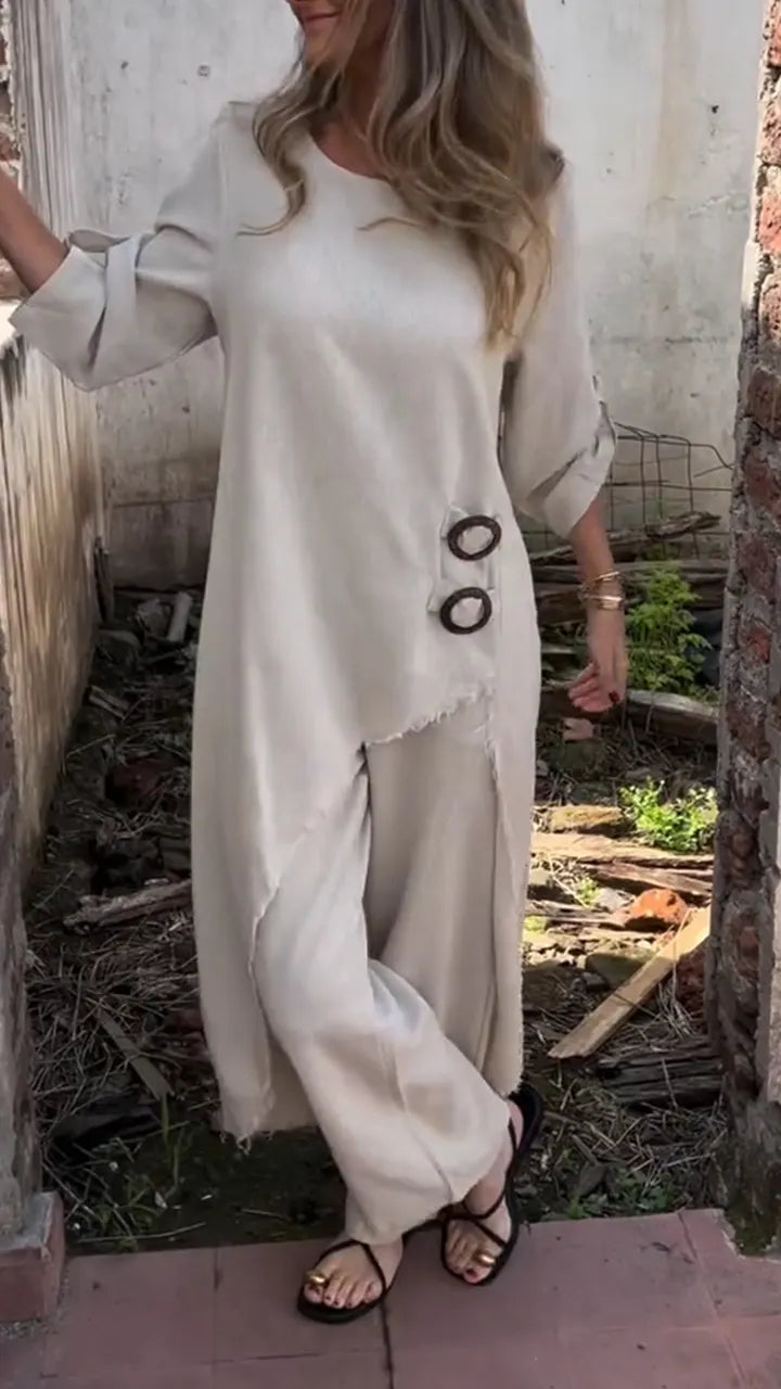 Women Round Neck Irregular Long Top+ Pants Loose Casual Suit