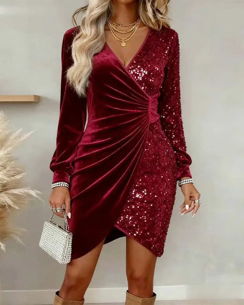 Velvet Sequin Patchwork Wrap Mini Dress Long Sleeve V‐Neck Party Cocktail Dress