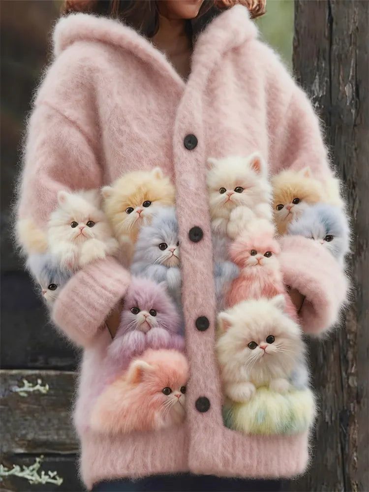 Lovely Fuzzy Colorful Cats Cozy Hooded Cardigan