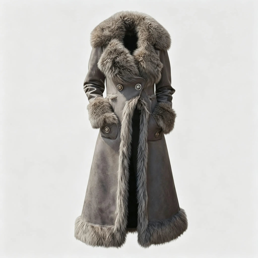 Women's Retro Western Style Suede Long Coat Fur Collar Lapel Jacket
