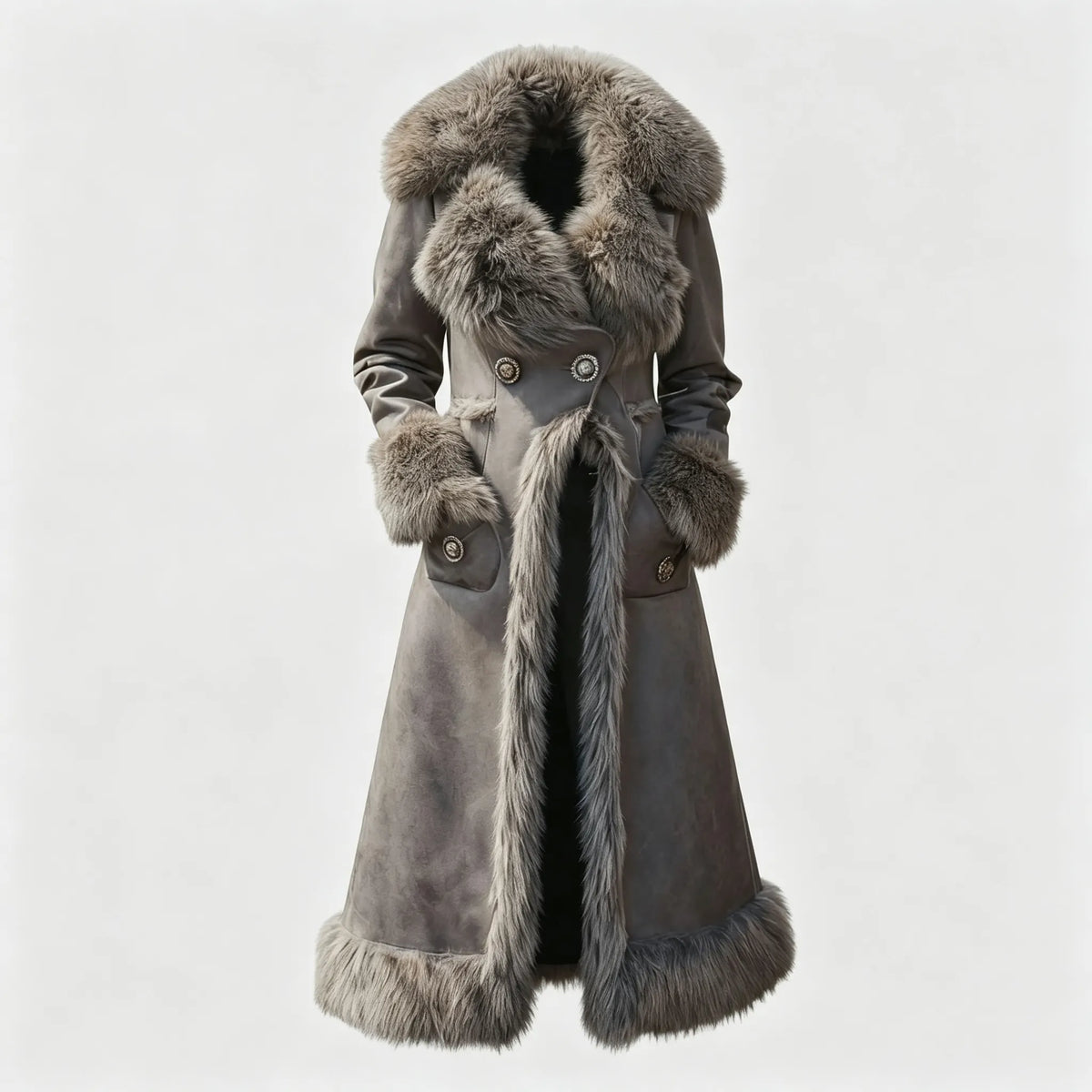 Women's Retro Western Style Suede Long Coat Fur Collar Lapel Jacket