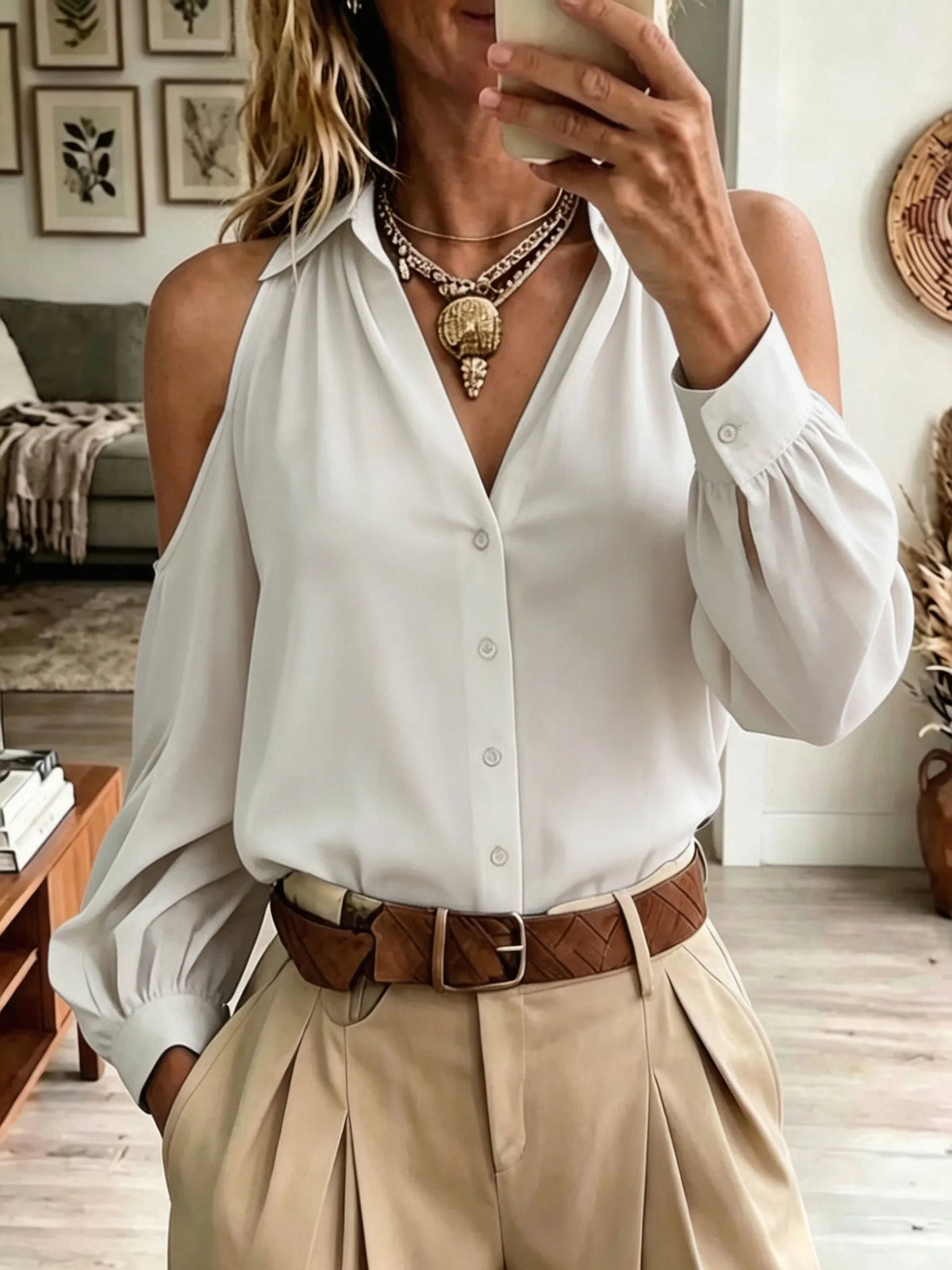 Collared Cold‐Shoulder Button Down Blouse Long Puff Sleeve V‐Neck Shirt