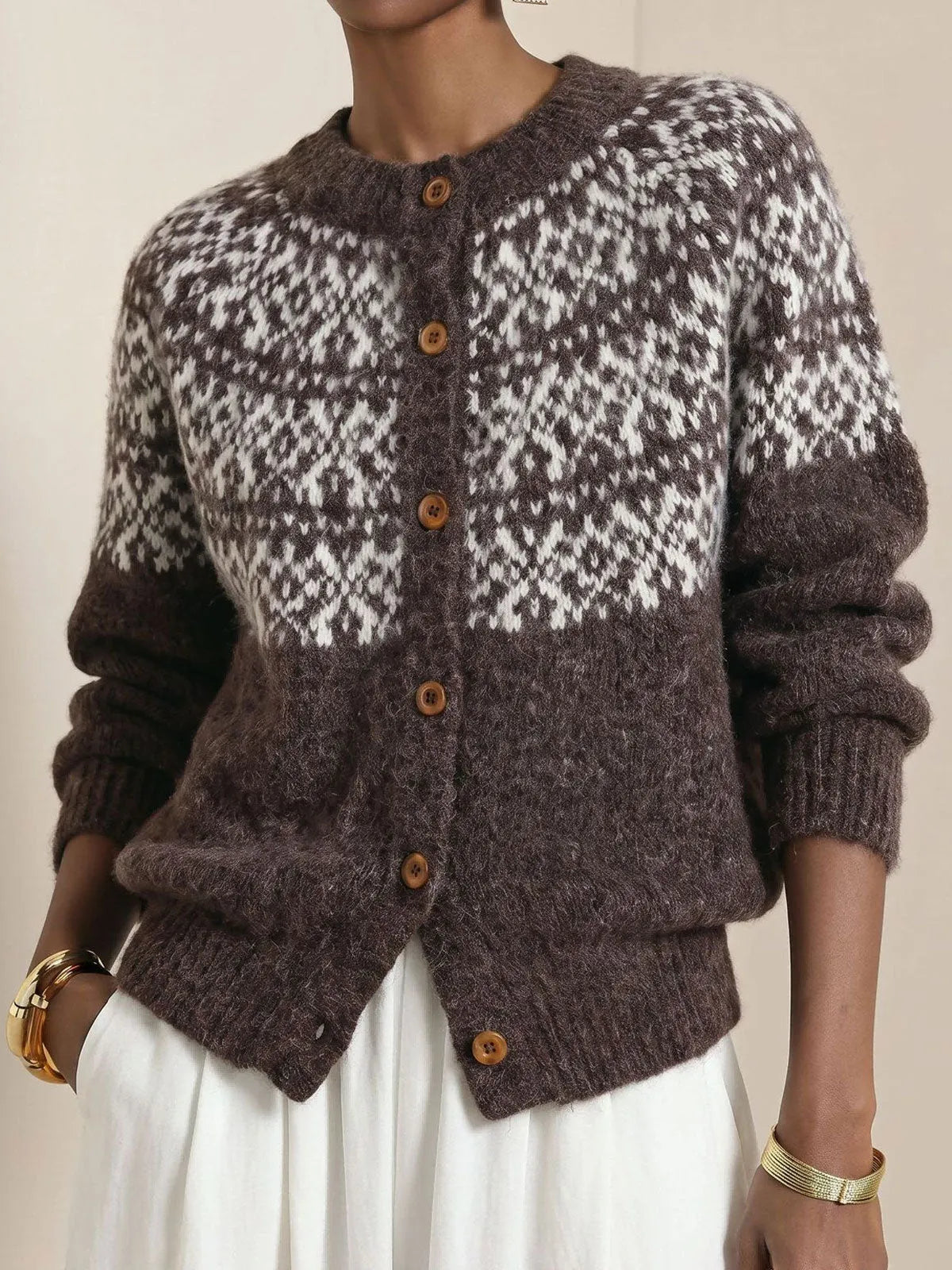 Women Crew Neck Button‐front Long Sleevefair Isle Pattern Knit Cardigan Sweater