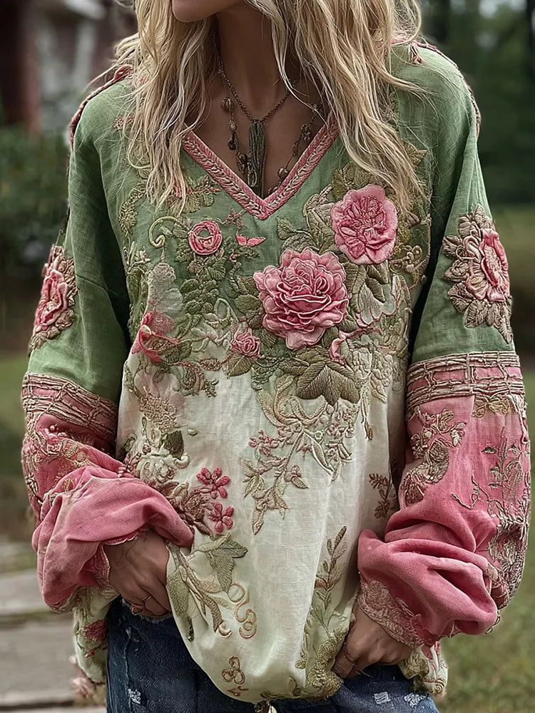 Love & Health Collection Classic Rose And Floral Art Linen Long Sleeve Shirt