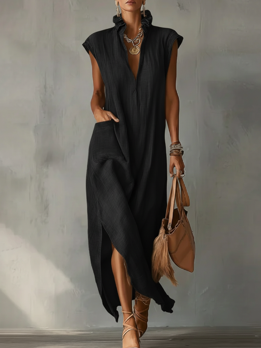 Elegant Ruff Collar Fashion Linen Cotton Midi Dress