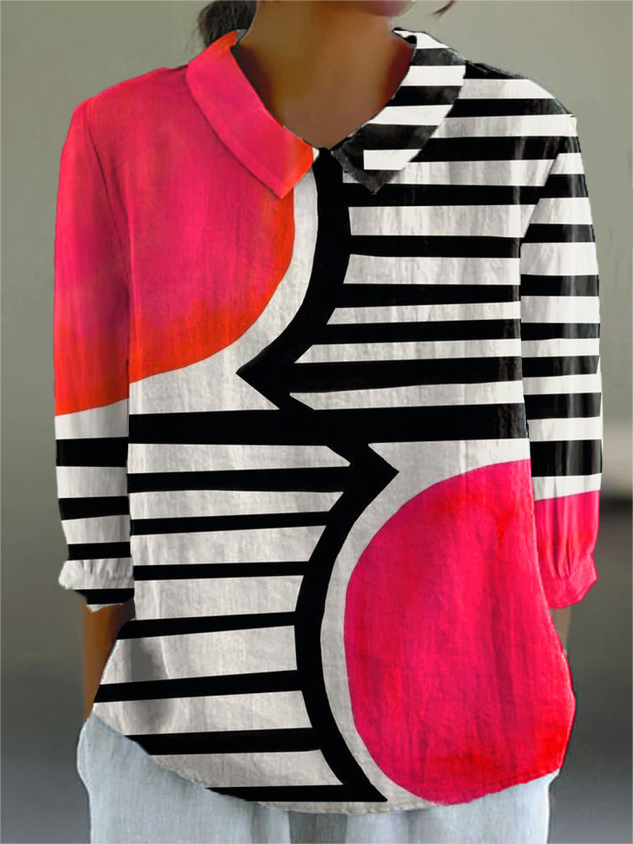 Women's Vintage Abstract Geometry Print Casual Cotton And Linen 3/4 Sleeve Shirt