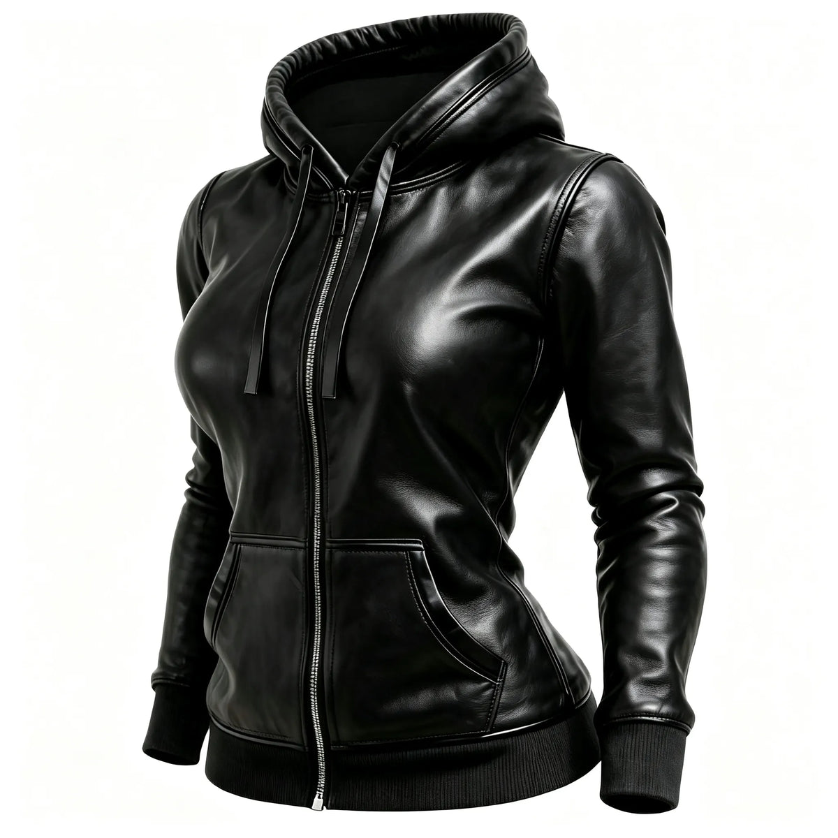 Women's Vintage Black Leather Fleece Pocket Hooded Jacket