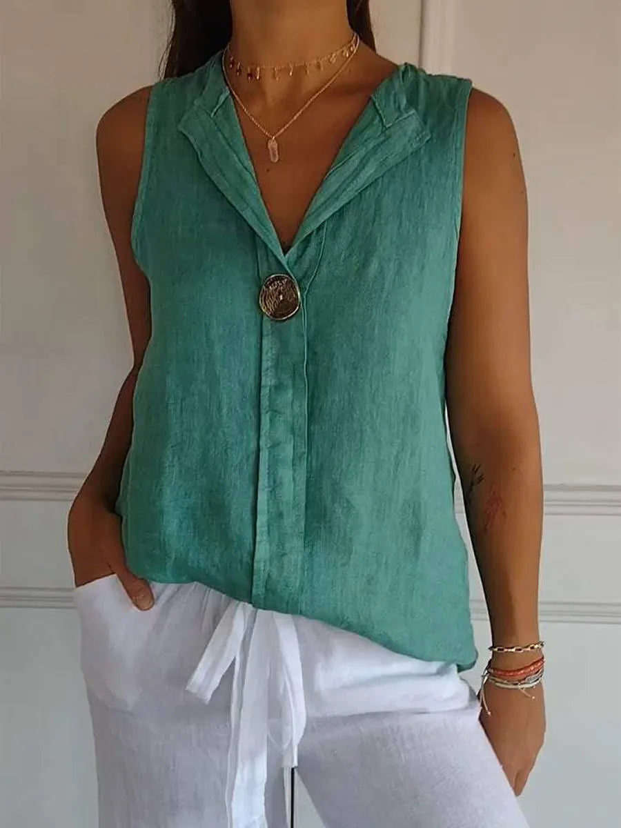 Women's V-Neck Cotton And Linen Sleeveless Casual Summer Shirt