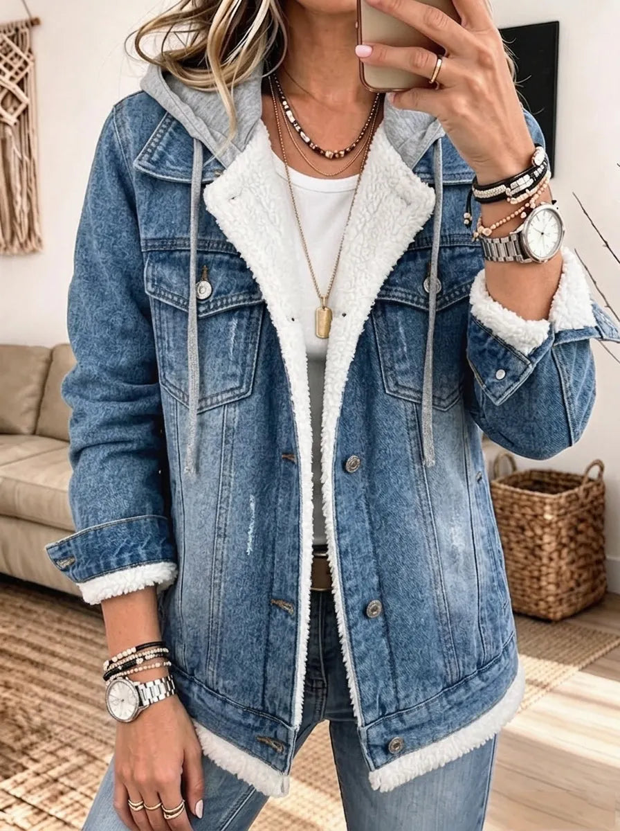 Hooded Sherpa Lined Denim Jacket Drawstring Button‐Up Winter Jean Coat
