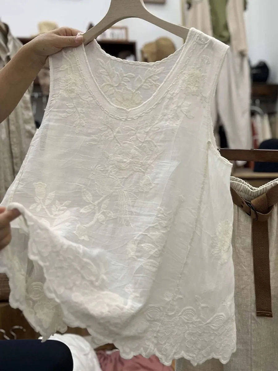 Women's  Vintage Lace Sleeveless Cotton and Linen Vest Top