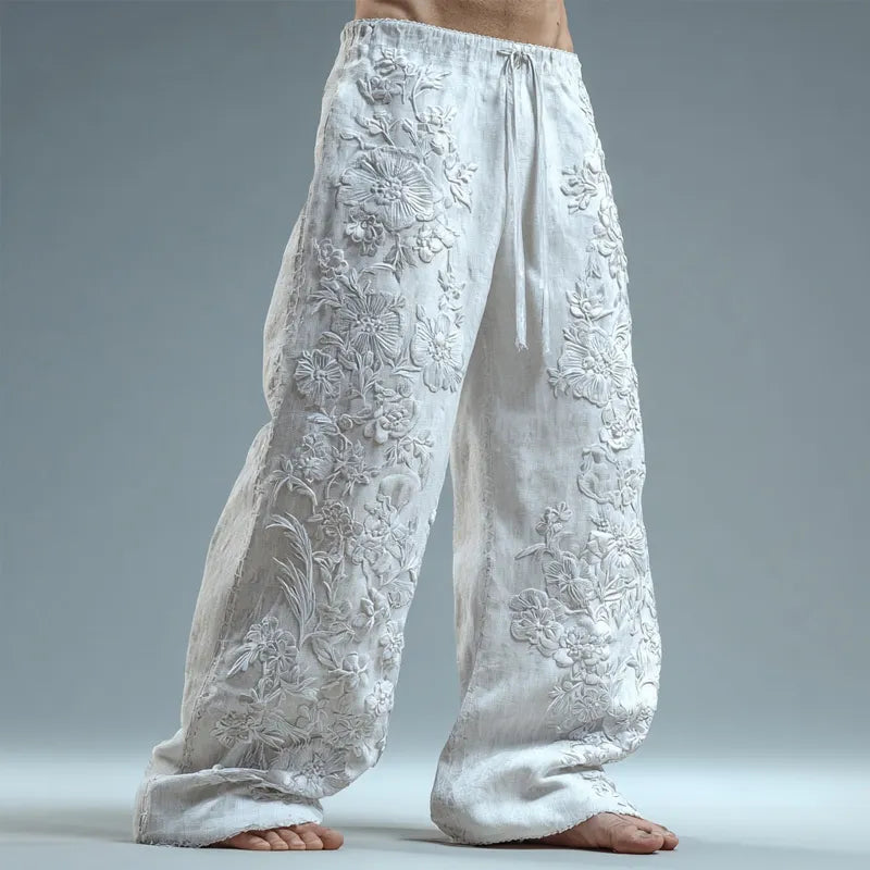 Men's Floral Lace Embroidered Comfy Linen Pants