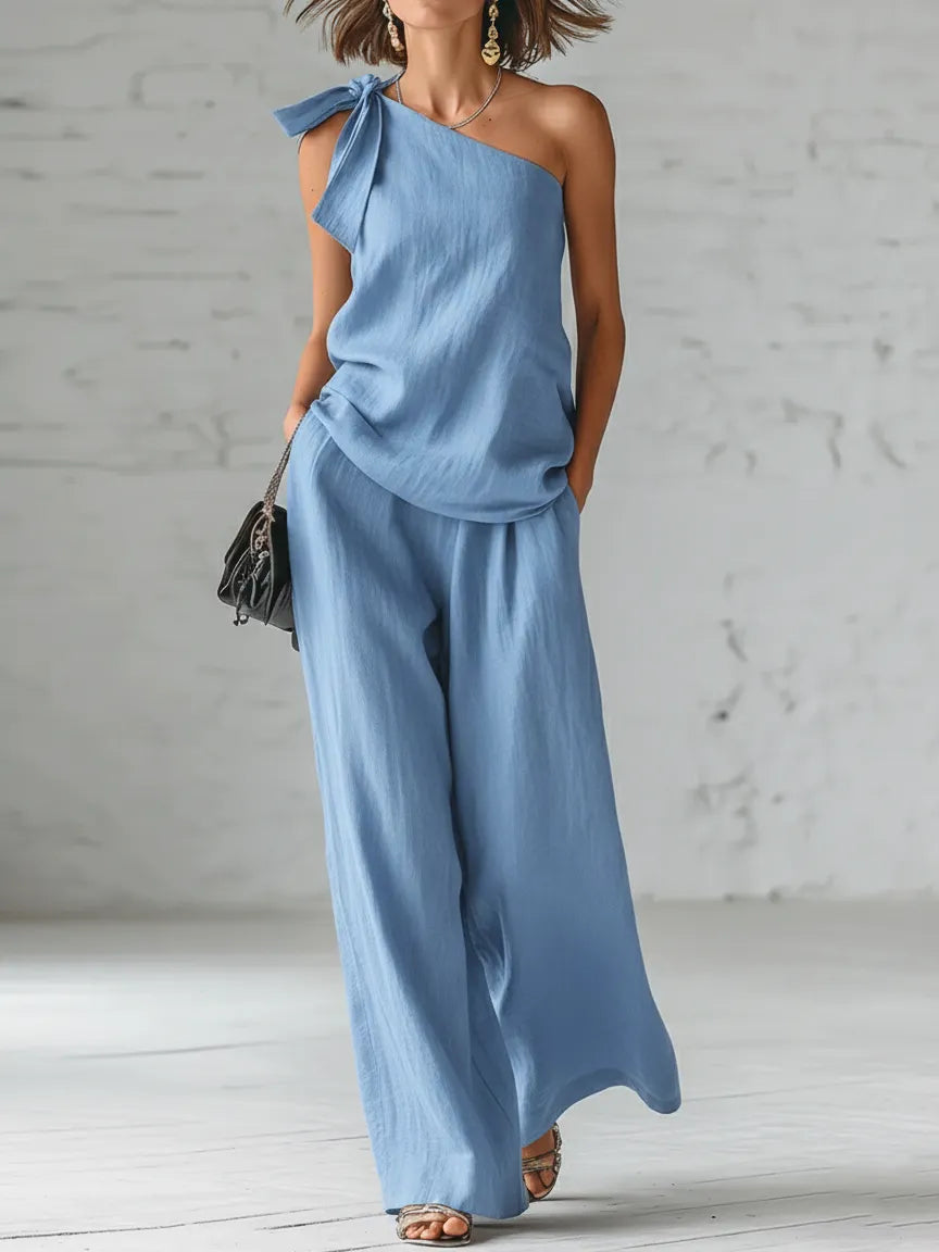 Minimalist Elegant Tie-up Bow Top And Wide-leg Pants Cozy Set