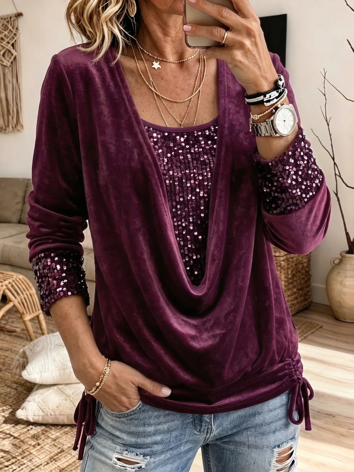 Velvet Cowl Neck 2‐in‐1 Blouse Sequin Long Sleeve Drawstring Party Top