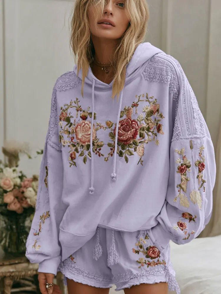 Women's Floral Embroidery Art Cozy Hooded Sweatshirt