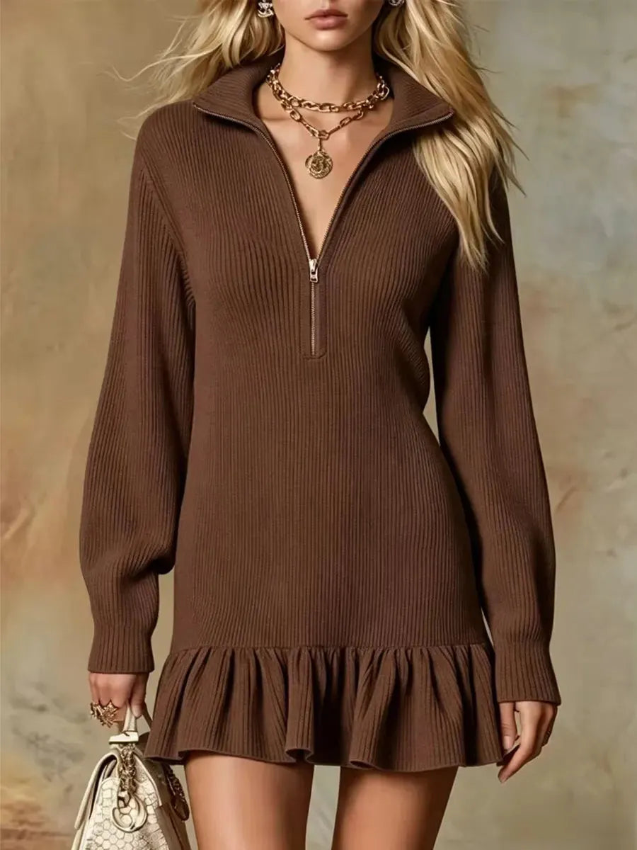 Retro Ruffle Art Casual Zip Stylish Lapel Long Sleeve Short Dress