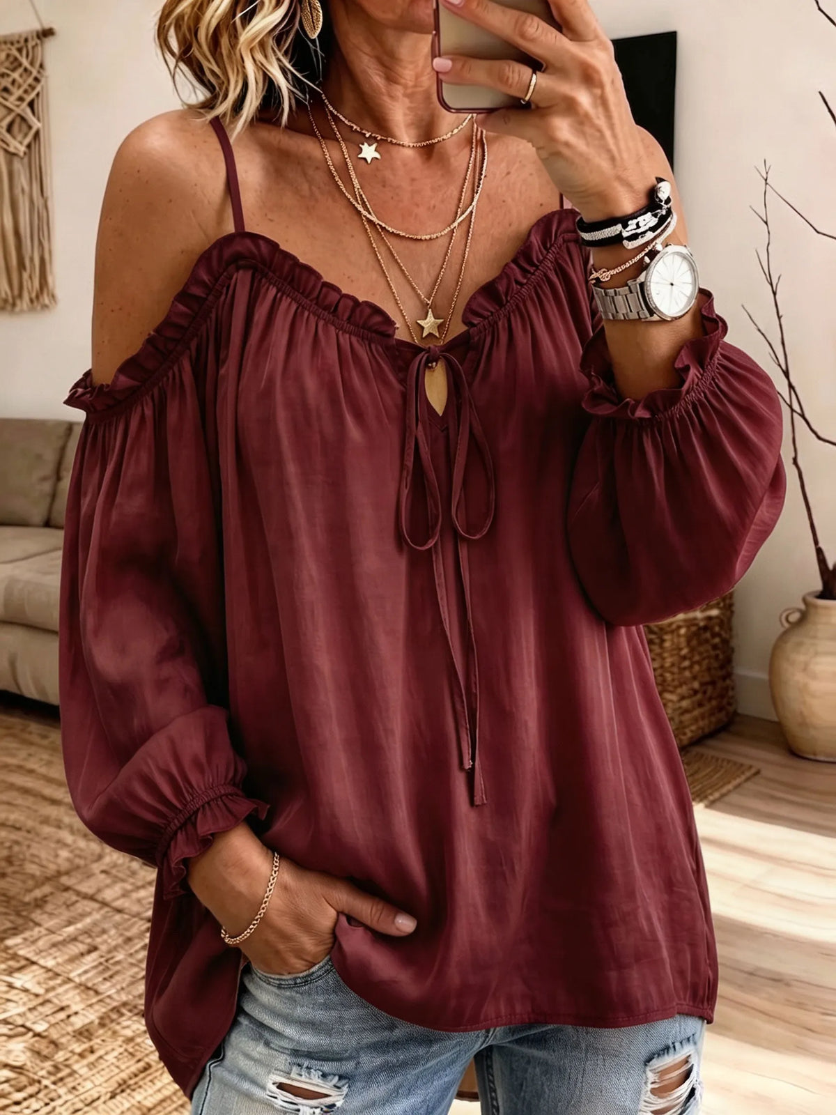 Women Tie Front Cold‐Shoulder Blouse Ruffle Long Puff Sleeve Casual Top