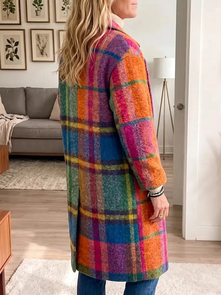 Vintage Elegant Woolen Fabric Plaid Coat