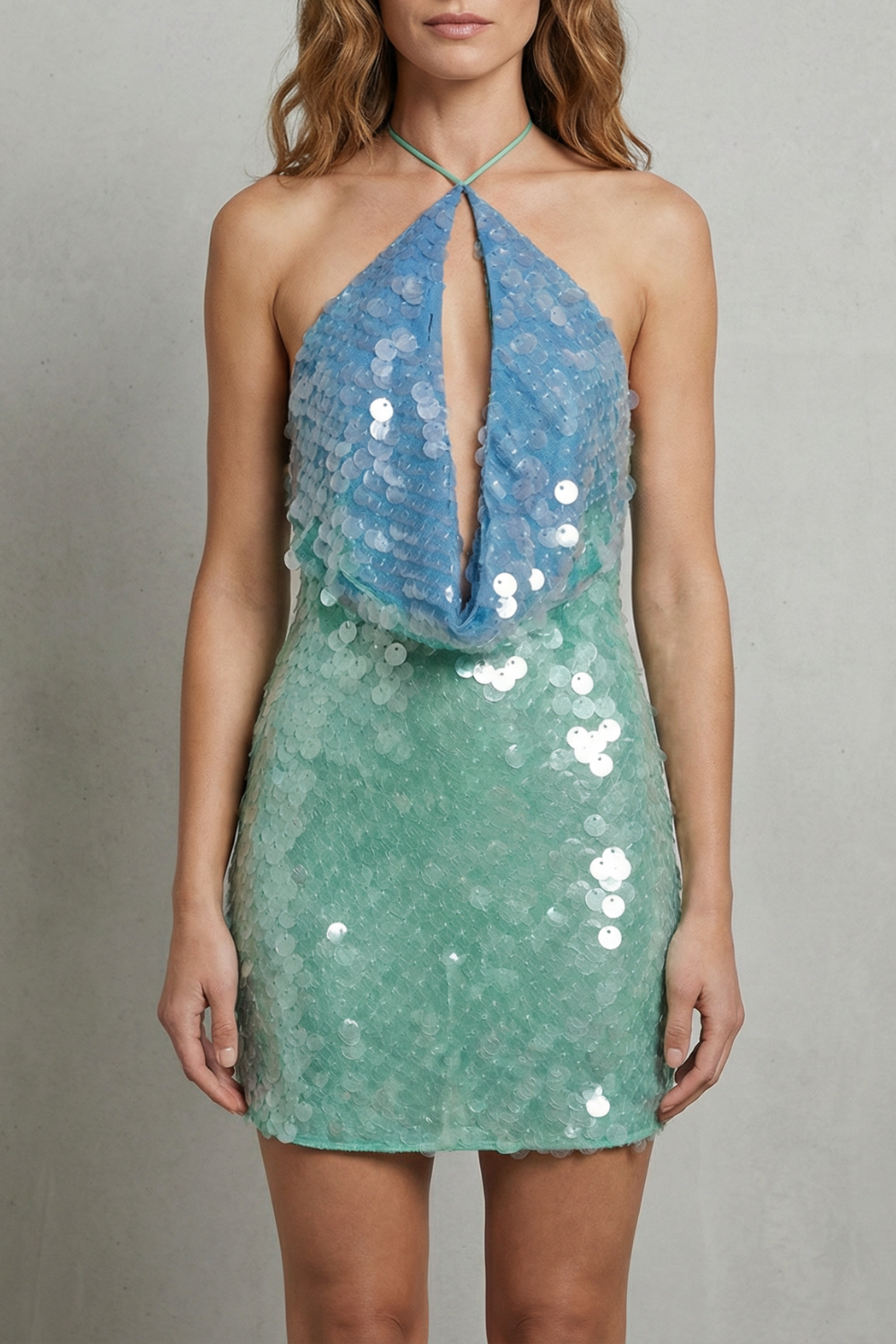Ocean shimmer fade – Halter sequin mini dress