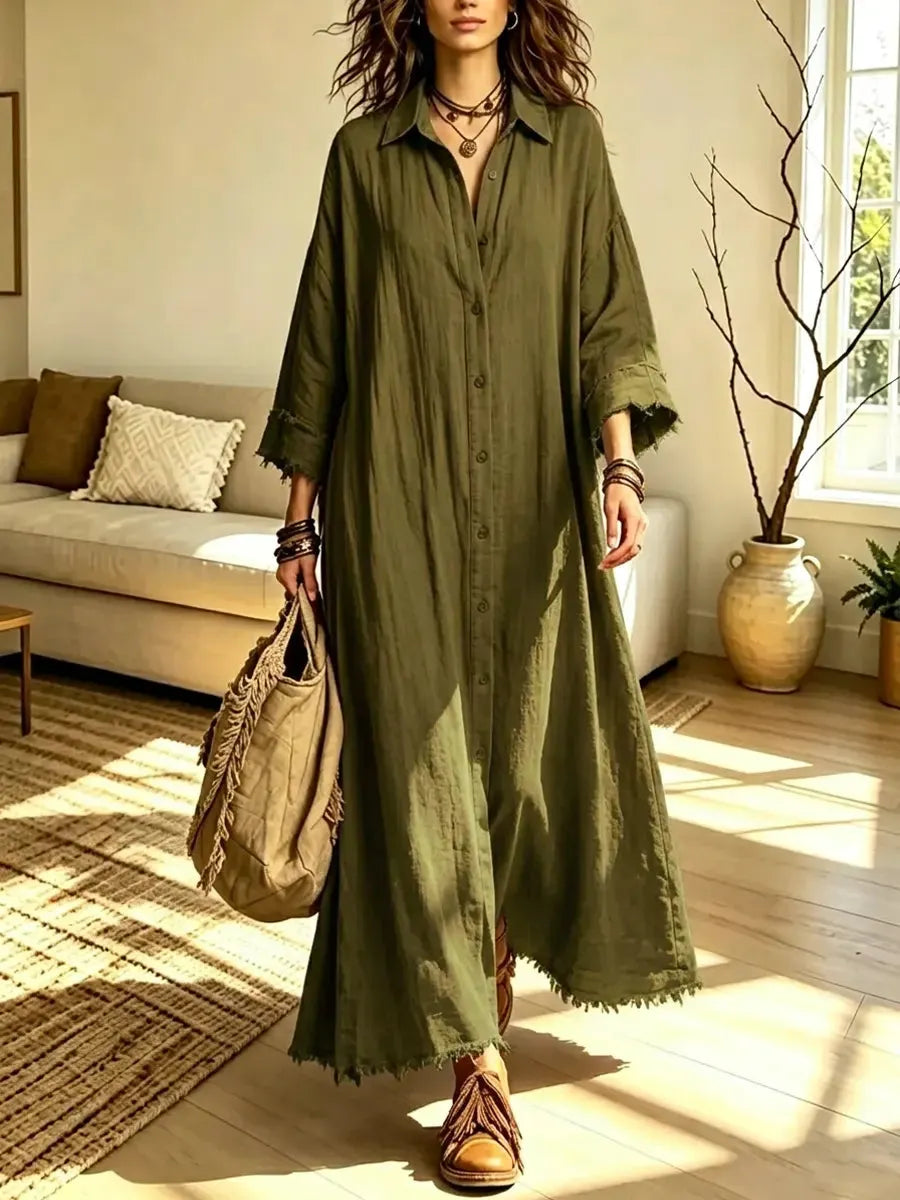 Retro Lapel Art Button Casual Stylish 3/4 Sleeve Cotton Linen Maxi Dress