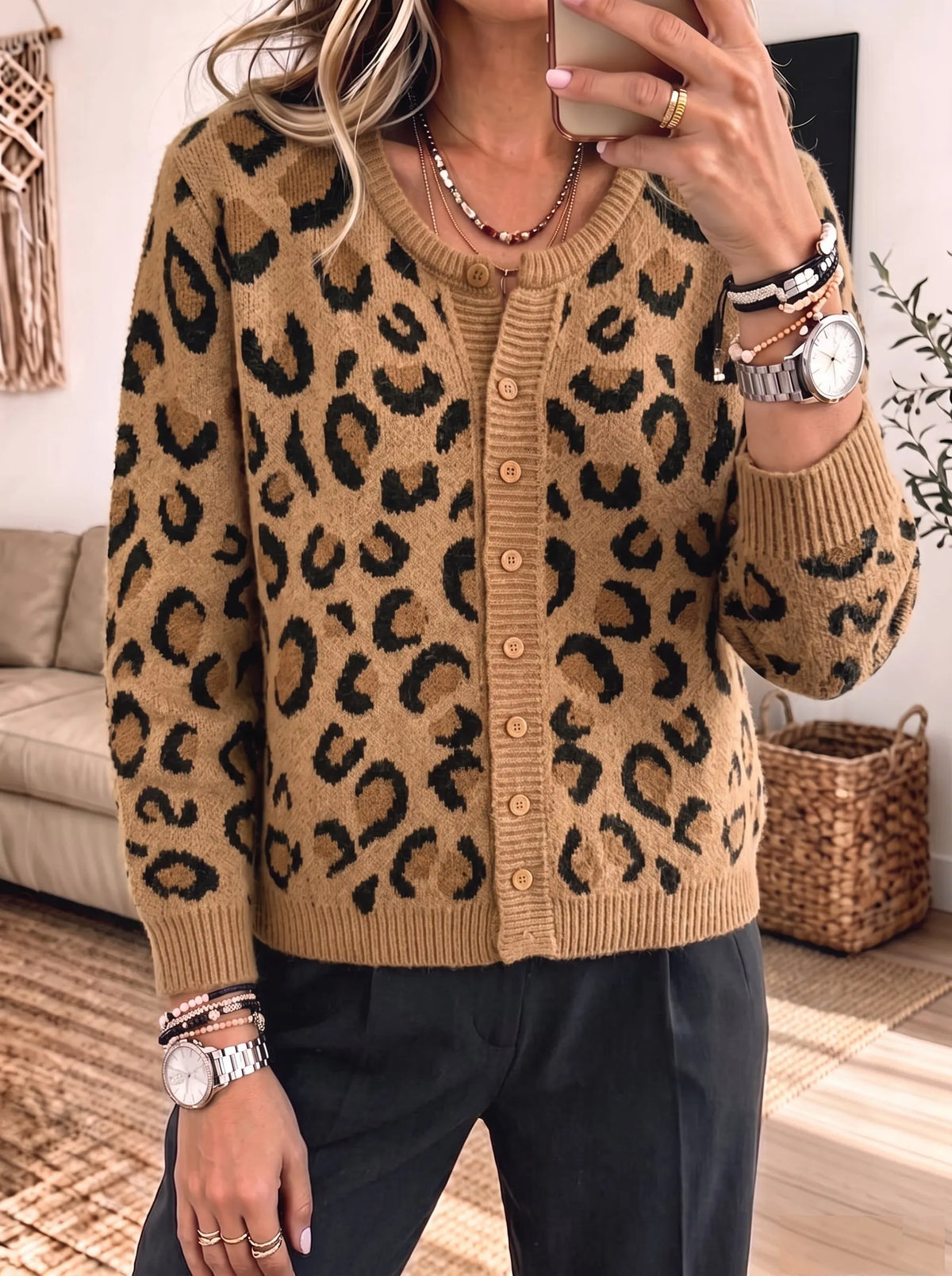 Leopard Print Round Neck Button‐front Long Sleeve Knit Cardigan