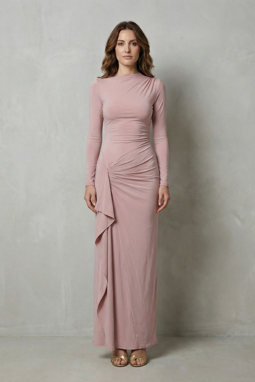 Sculpted side drape – Long sleeve maxi gown