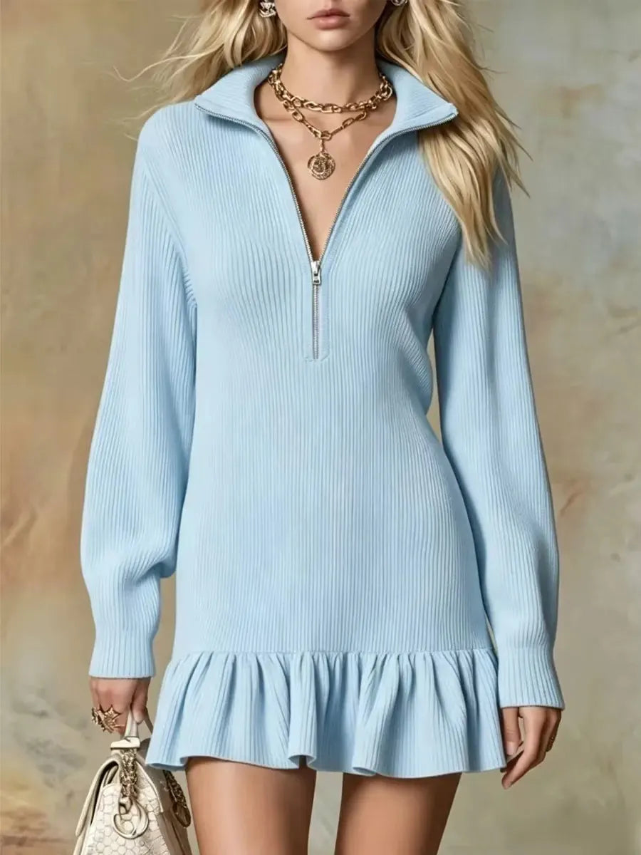 Retro Ruffle Art Casual Zip Stylish Lapel Long Sleeve Short Dress