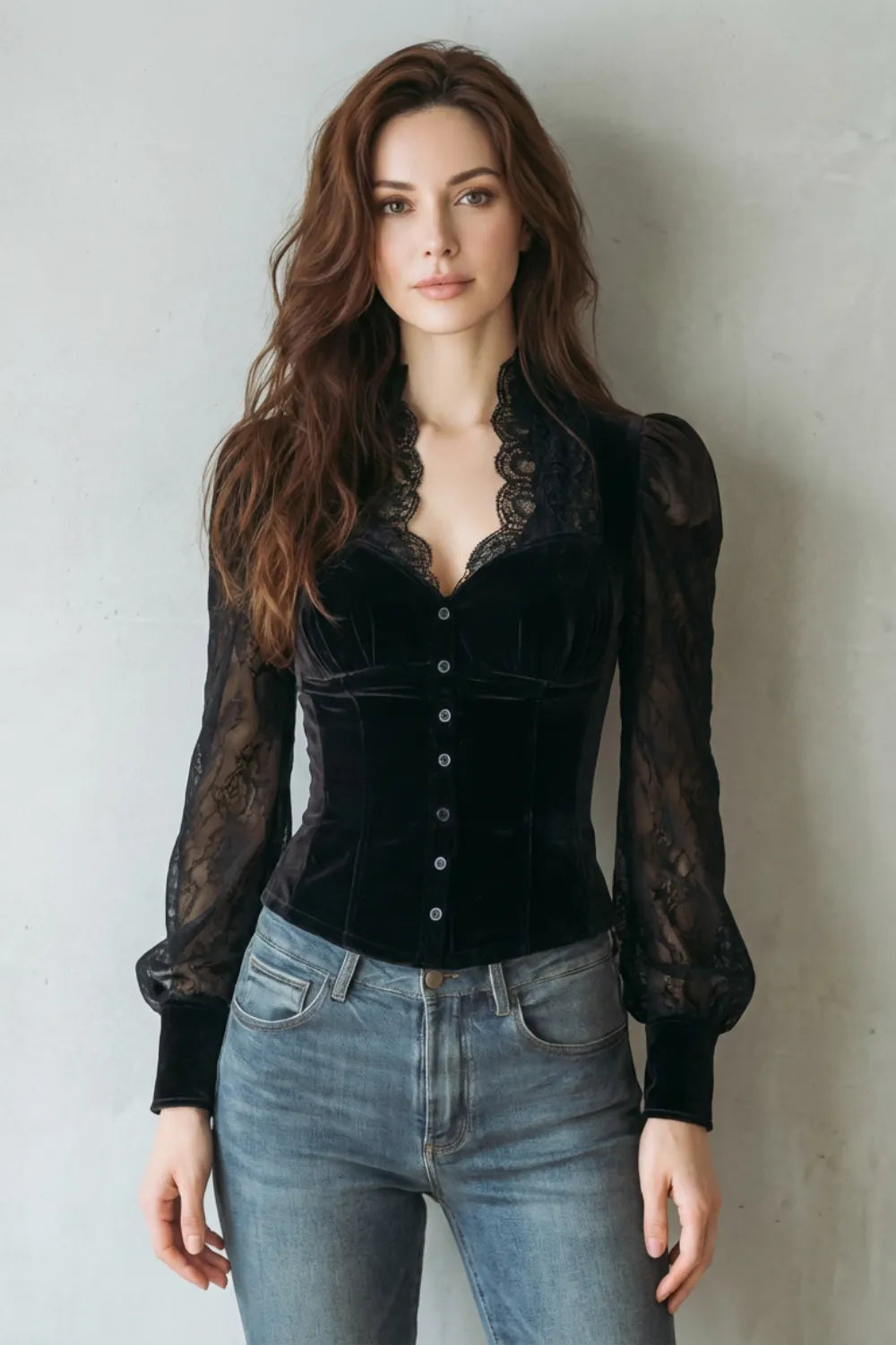 Lace spliced elegance – Velvet fitted blouse