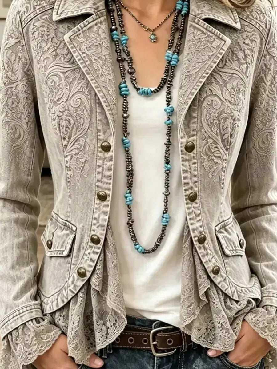 Retro Floral Pattern Art Lace Patchwork Casual Stylish Long Sleeve Coat