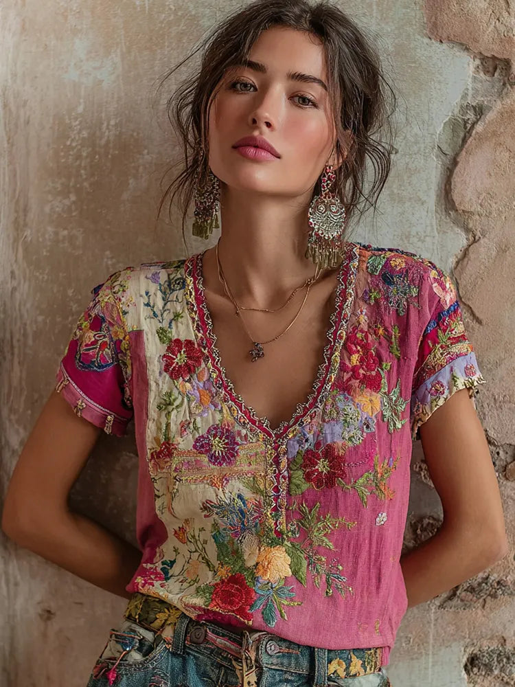 Women's Bohemian Floral Embroidery Art V-neck Contrast Color Linen Blend T-shirt