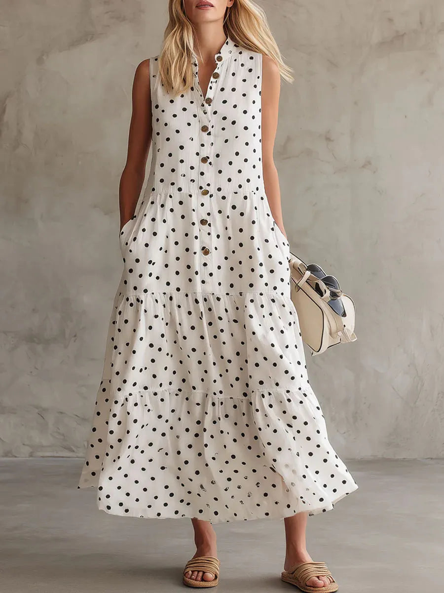 Women's Polka Dot Print Stand Collar Sleeveless Casual Loose Cotton Linen Dress