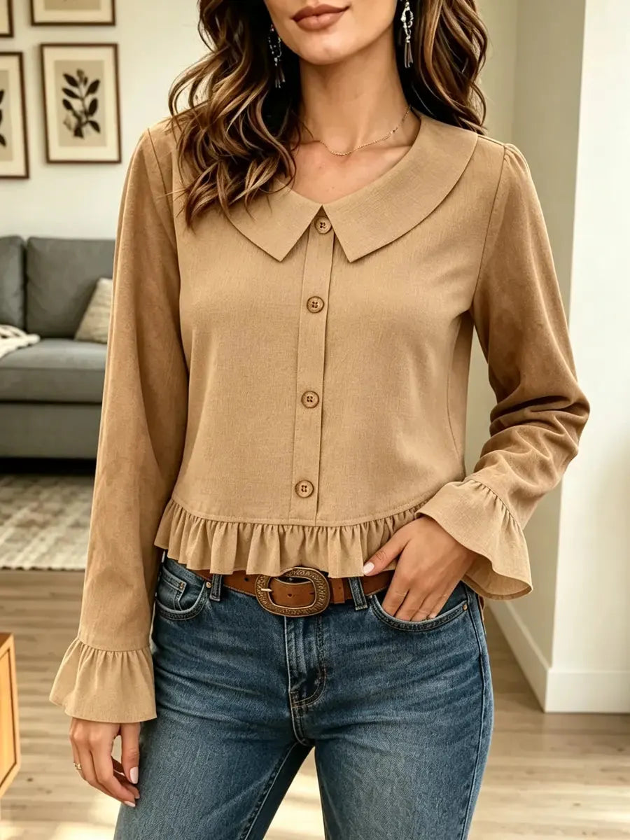 Retro Ruffle Peter‐pan Collar Art Casual Stylish Long Sleeve Shirt