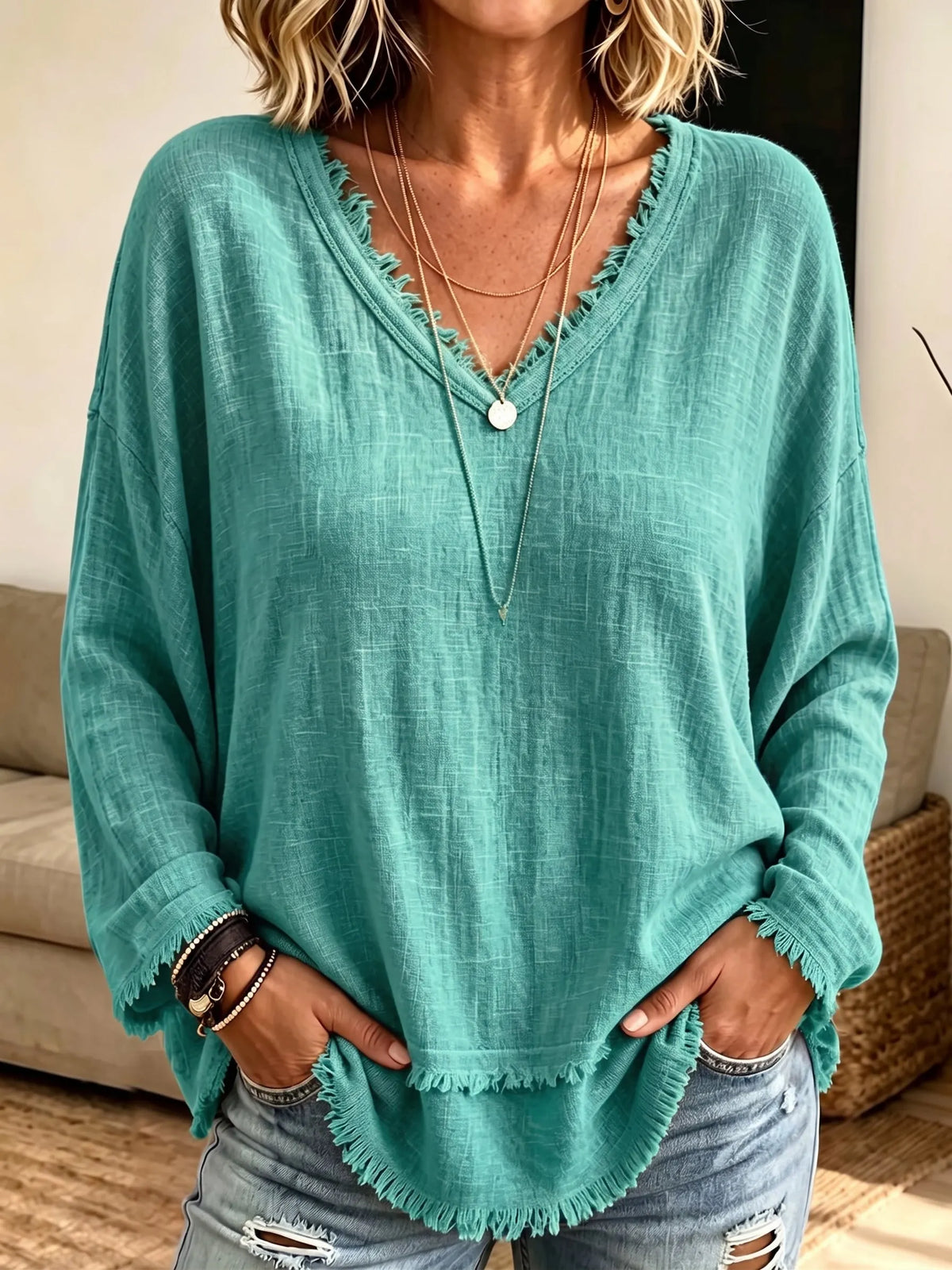 Women Frayed Edge V‐Neck Long Sleeve Top, Loose Textured Casual Blouse