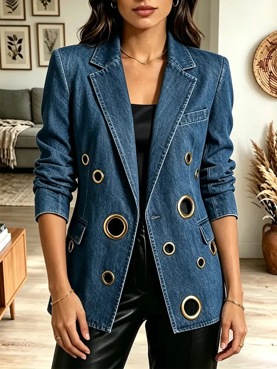 Retro Loose Cutout Lapel Casual Stylish Long Sleeve Denim Coat
