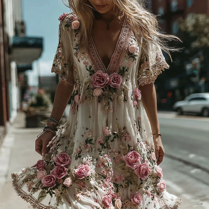 Women's Vintage Pink Roses Embroidery Art V Neck Short Sleeve Midi Dress