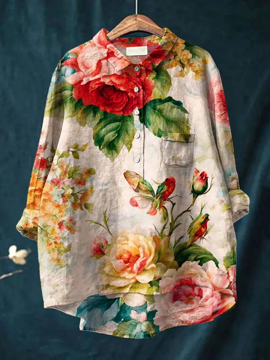 Women's Vintage Flowers Art Print Casual Cotton And Linen Shirt