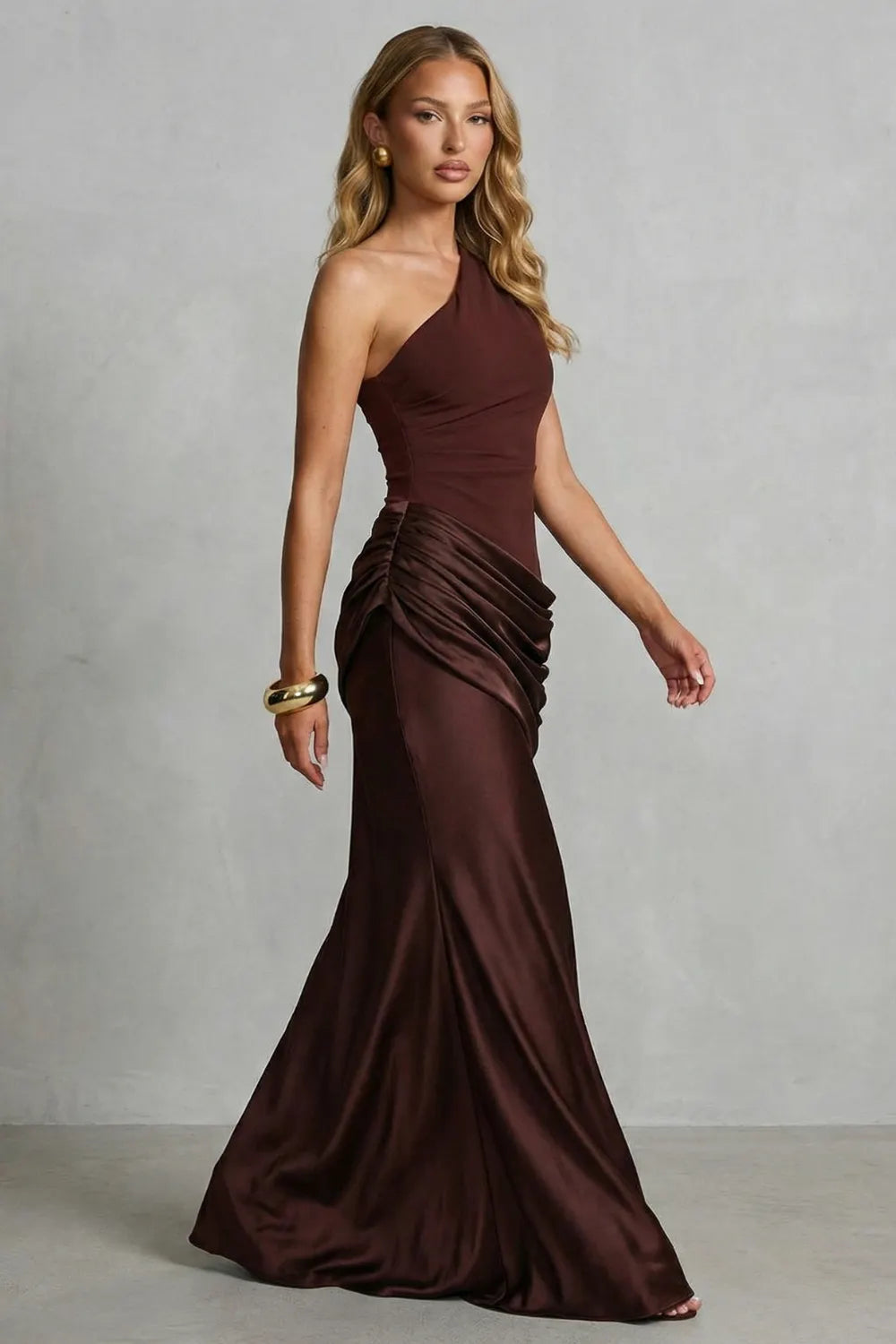 Satin draped elegance – One shoulder maxi dress