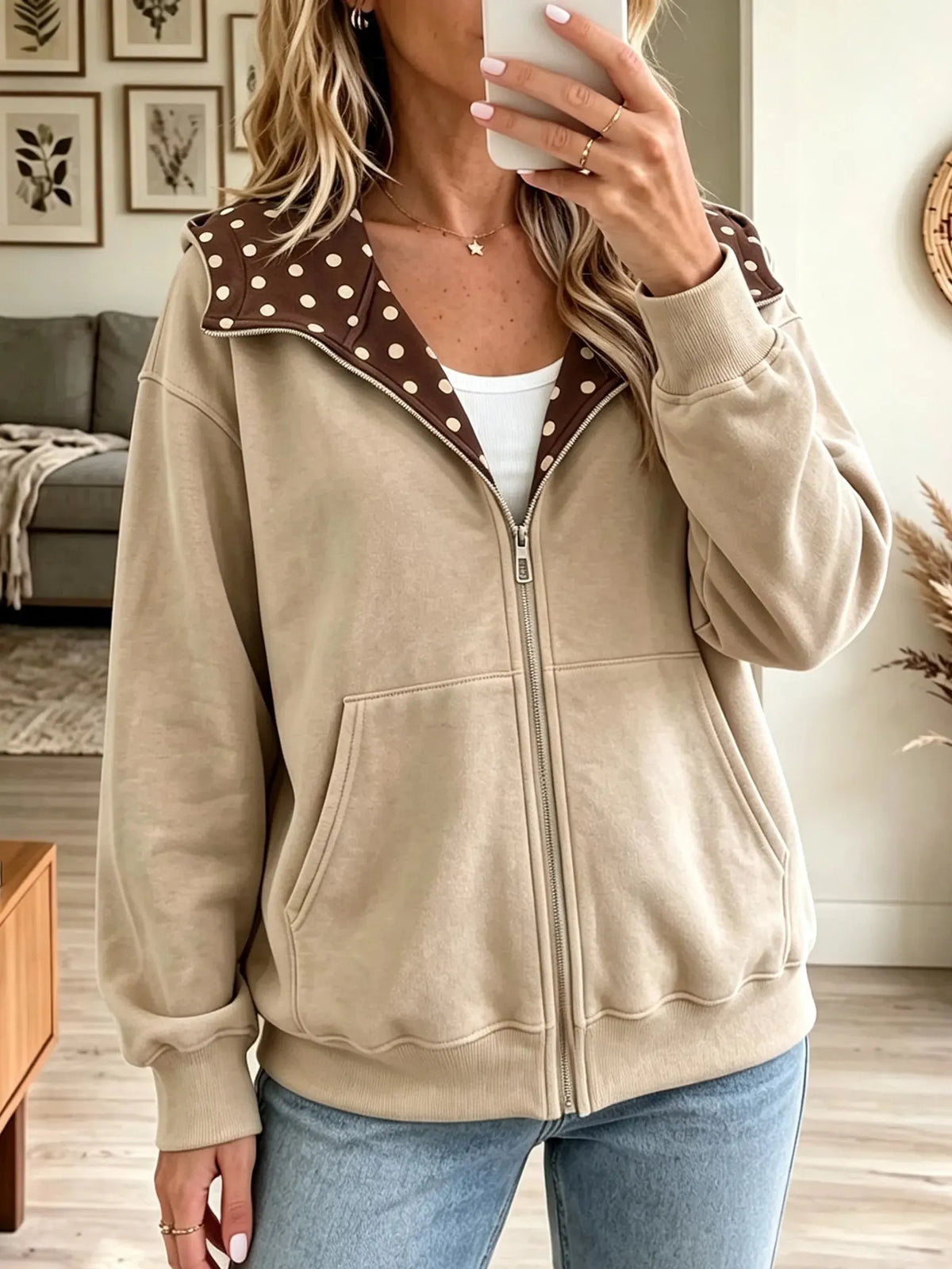 Women's Polka Dot Trim Full-Zip Hoodie