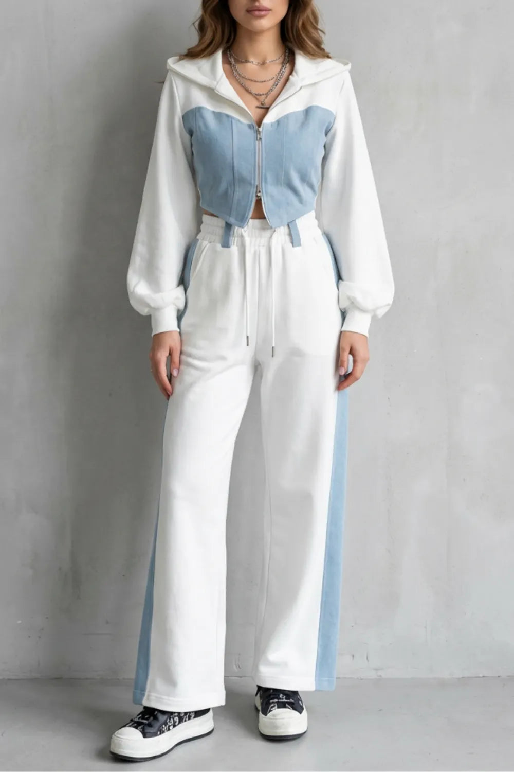 Denim Splice – Two-Piece Hoodie & Sweatpant Set