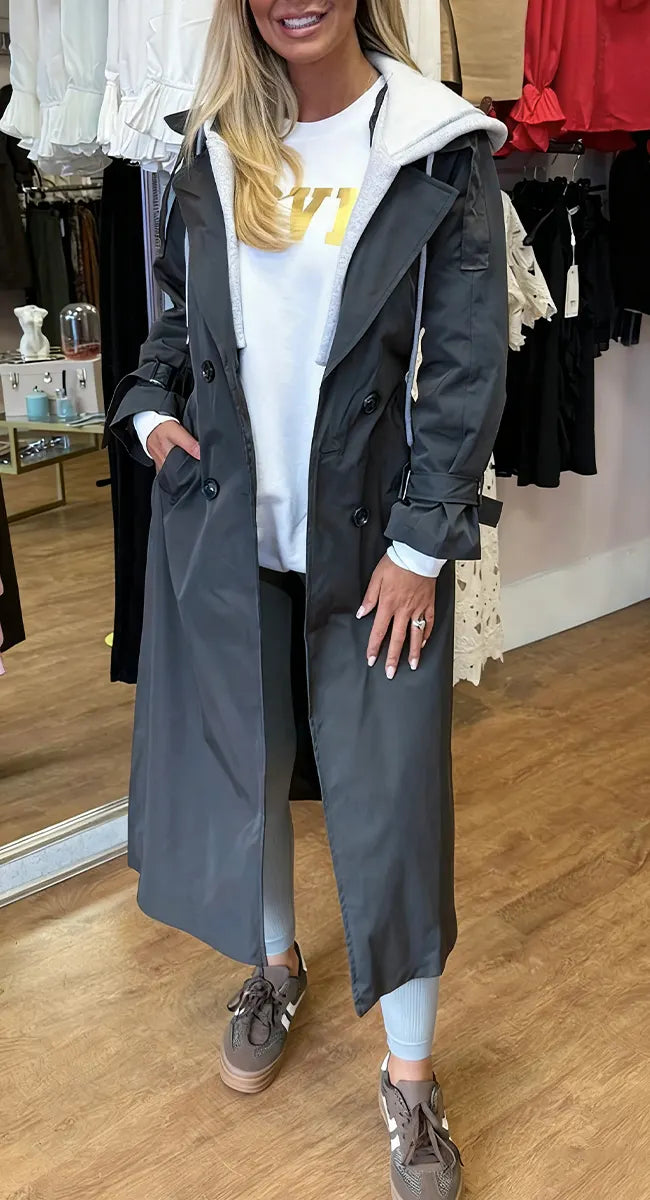 Women's Hooded Lapel Fake Two-piece Casual Long Trench Coat