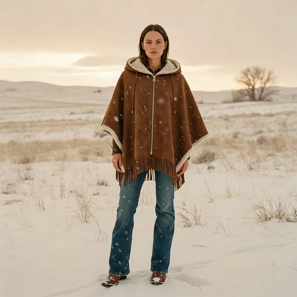 Women's Brown Faux Suede Hooded Cape With Shearling Lining And Fringe Details