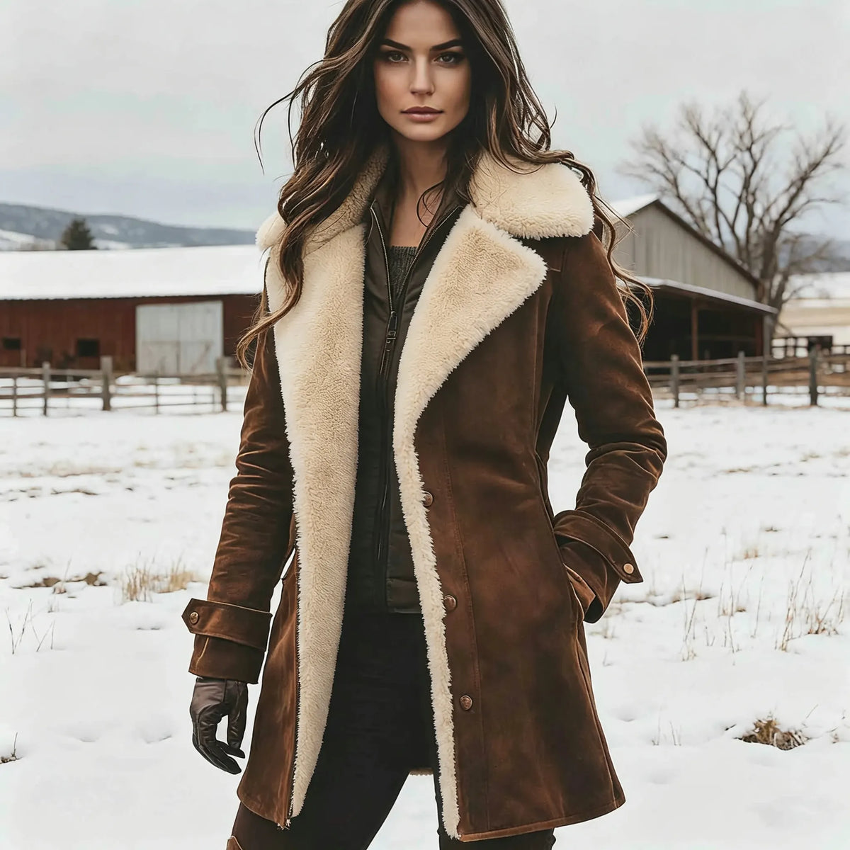 Women's Vintage Brown Suede Fleece Lapel Collar Mid-Length Shearling Coat Jacket