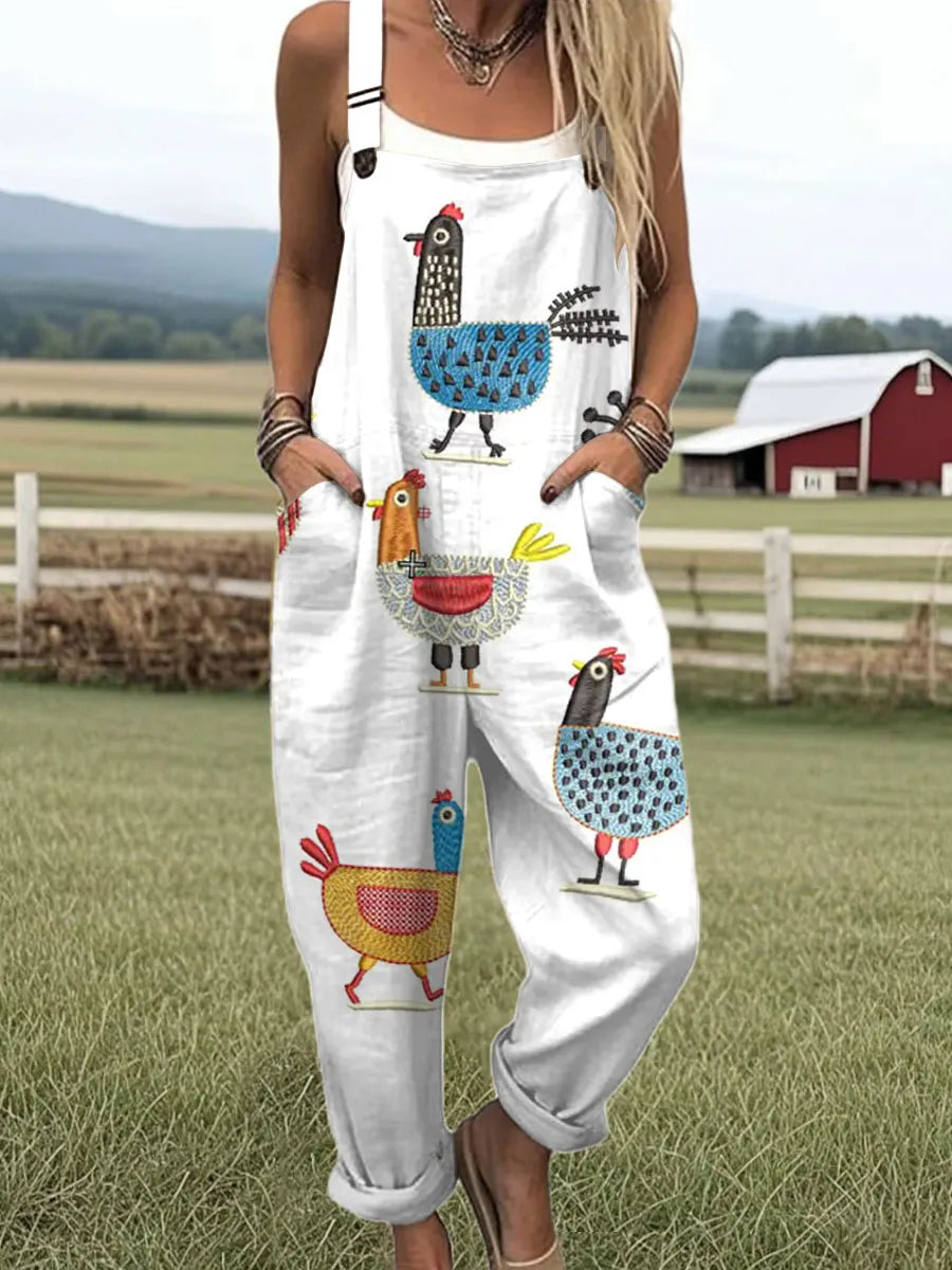 Women's Funny Chick Art Print Casual 100% Cotton Wide Leg Jumpsuit