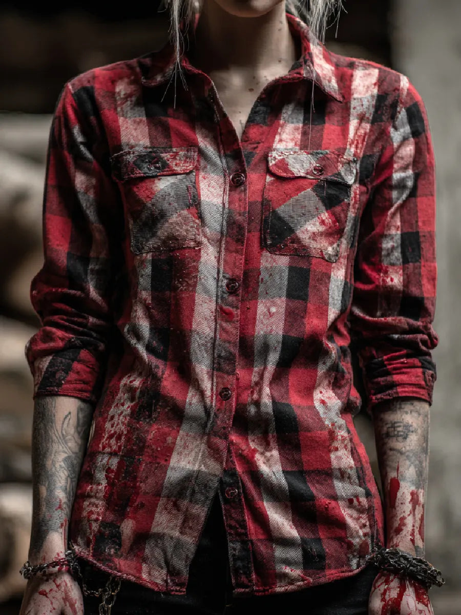 Bloodstained Vintage Check Art Long Sleeve Button-Down Shirt