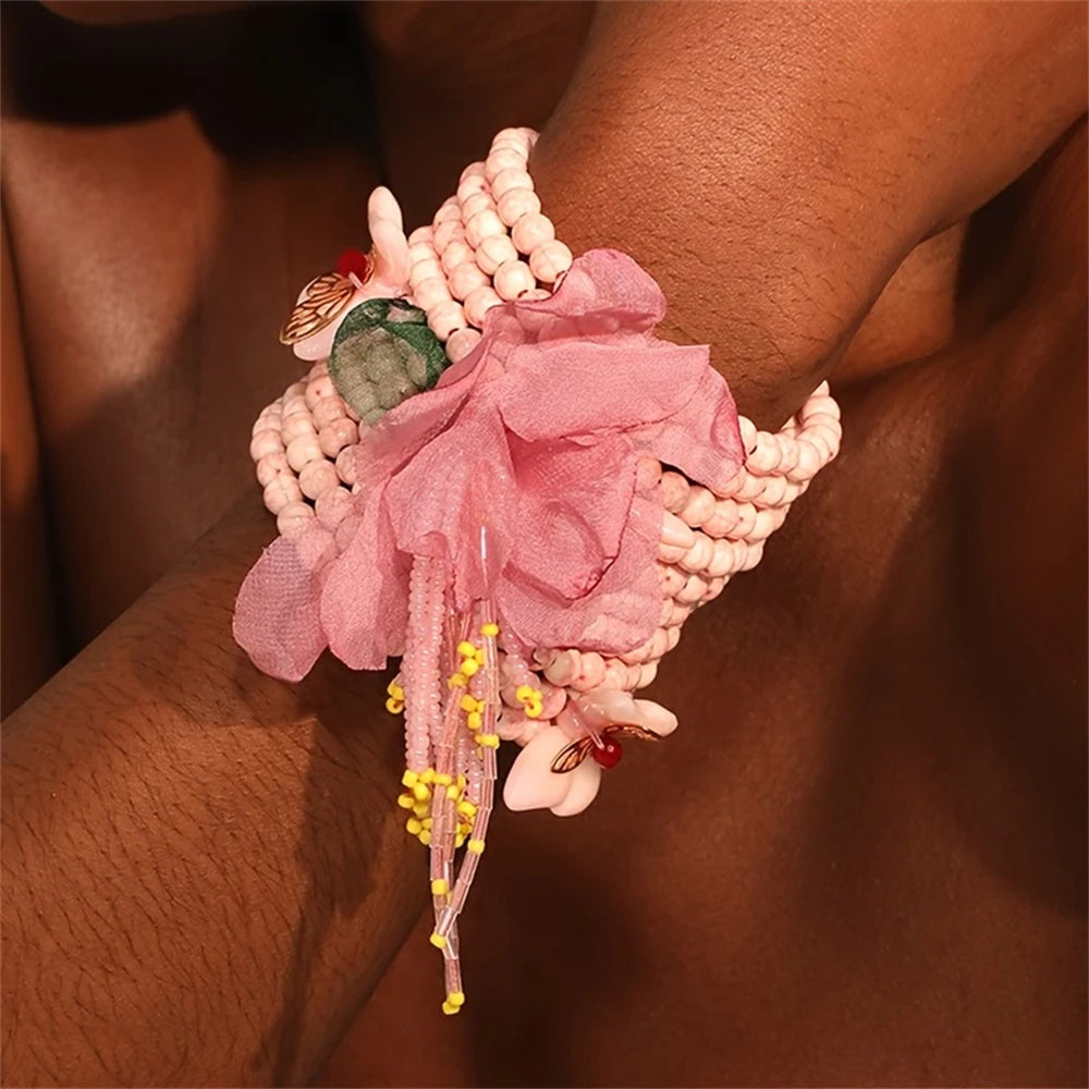 Bohemian Pink Floral & Butterfly Charms Beaded Multi-layered Stackable Bracelet