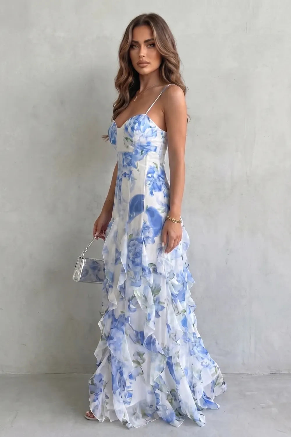 Sheer floral cascade – Ruffled evening maxi dress