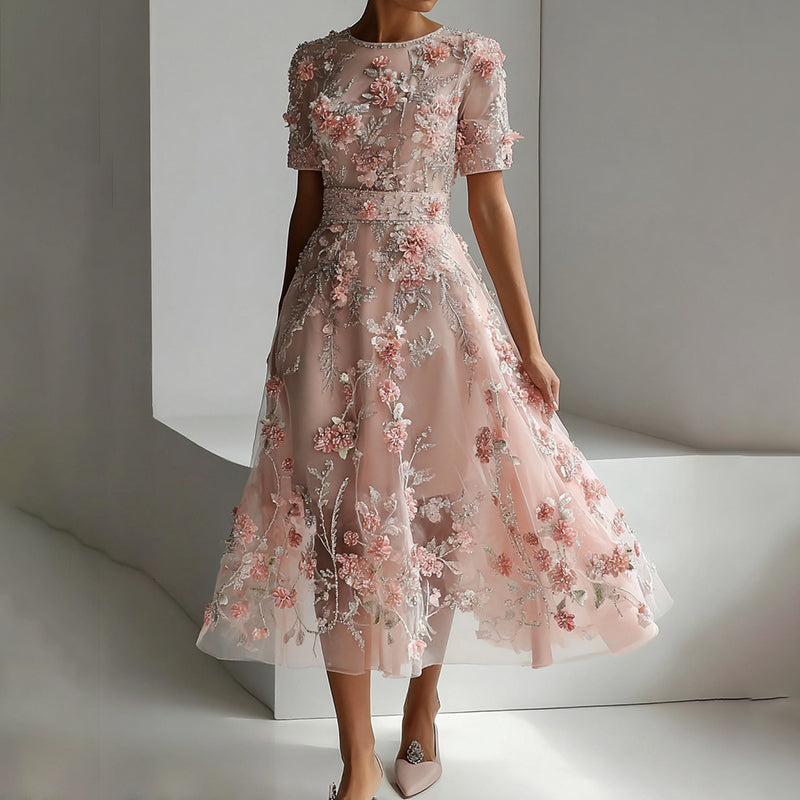 Vintage Floral Art Crew Neck Casual Maxi Dress