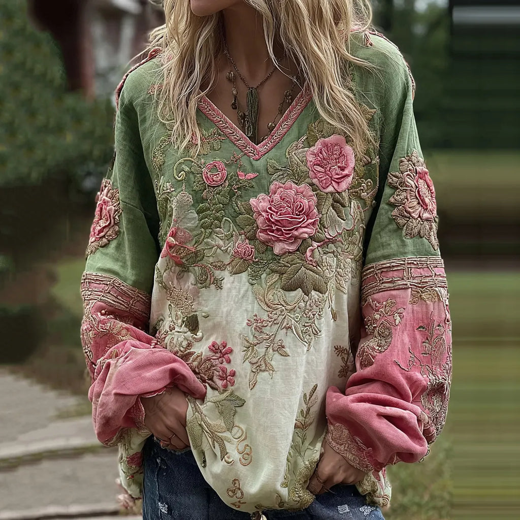 Love & Health Collection Classic Rose And Floral Art Linen Long Sleeve Shirt