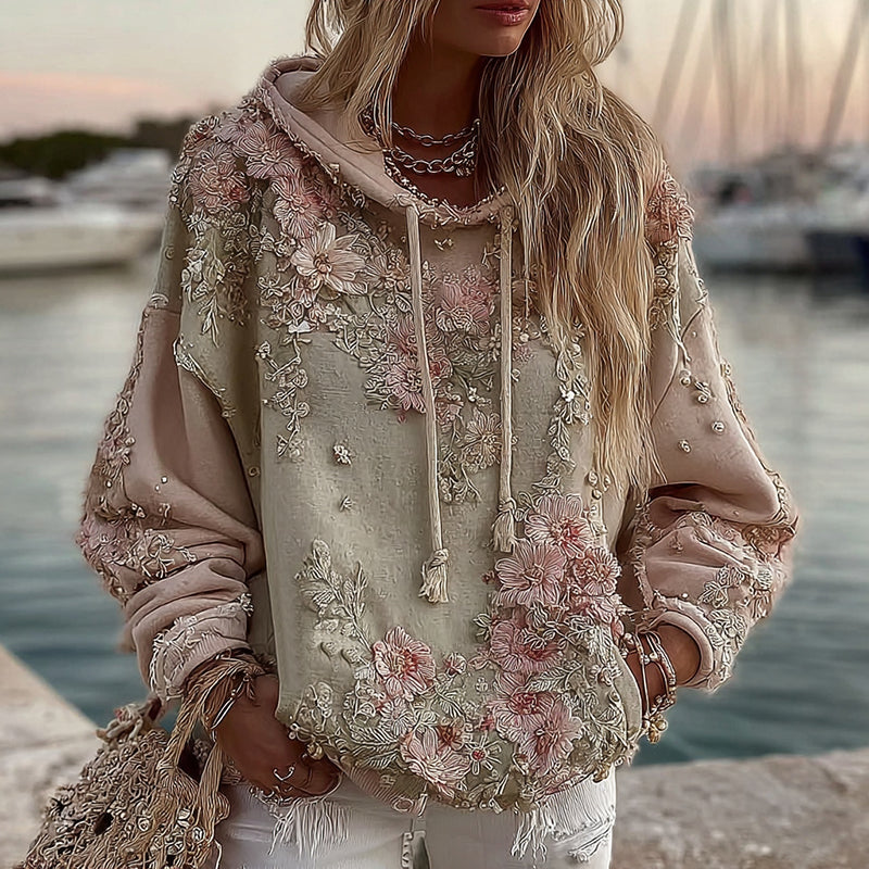 Women's Vintage Pink Floral Embroidery Gradient Art Casual Hoodie